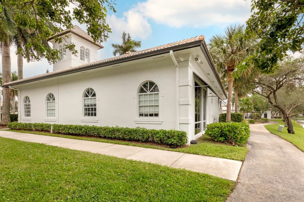 Exterior of club house with walking trail